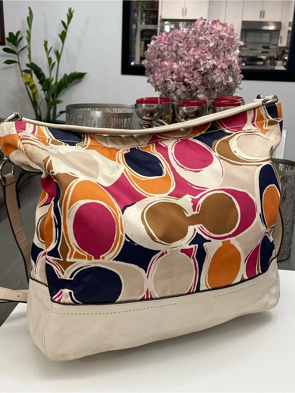 Coach Signature Print Nylon Leather Crossbody Messenger Bag Multicolor